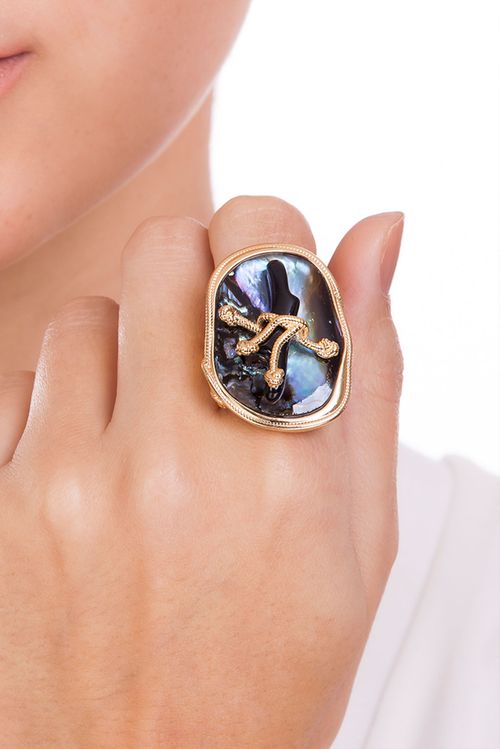 Anel Beira Mar - Abalone e Preto - Coleção Marea Banho: Folheado a Ouro