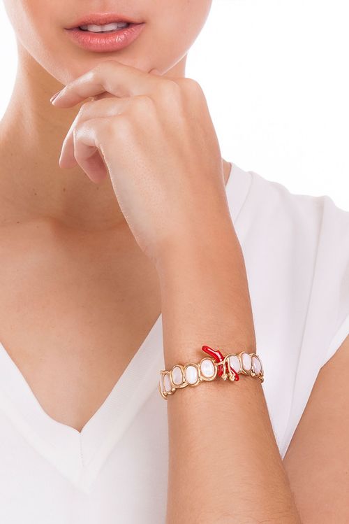 Pulseira Submerso - Madrepérola e Vermelho - Coleção Marea Banho: Folheado a Ouro
