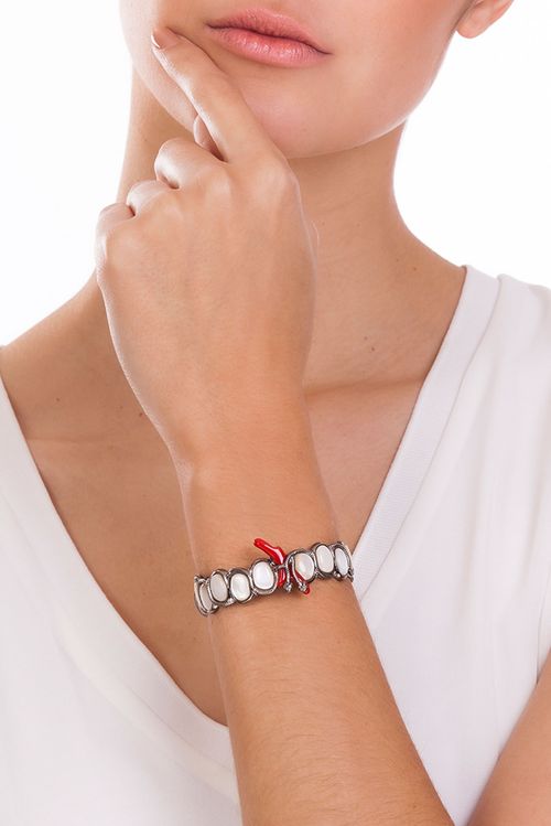 Pulseira Submerso - Madrepérola e Vermelho - Coleção Marea Banho: Ródio Negro