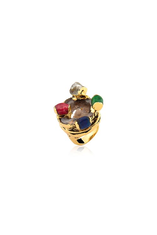 Anel Alegria - Feldspato Vermelho, Cristal, Drusa Metalizada e Quartzo Verde - Coleção Alma Banho: Folheado a Ouro