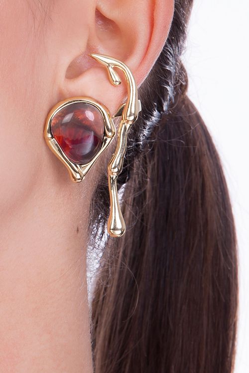 Brinco Gotejo - Ágata Vermelha - Coleção Impulso Banho: Folheado a Ouro