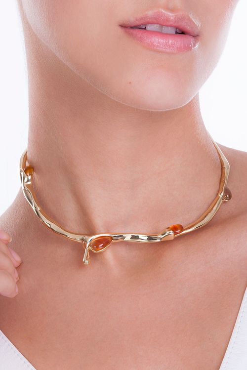 Colar Choker Calor - Ágata Vermelha - Coleção Impulso Banho: Folheado a Ouro