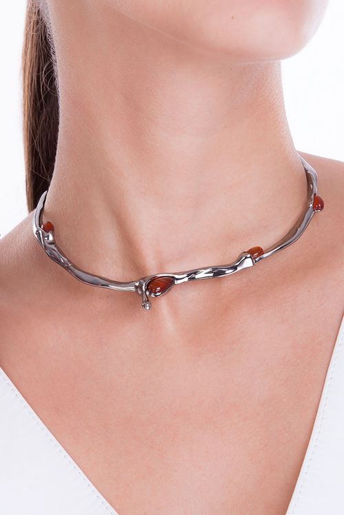 Colar Choker Calor - Ágata Vermelha - Coleção Impulso Banho: Ródio Negro