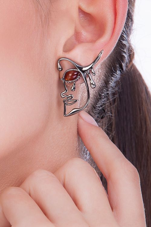 Brinco Sentimento - Ágata Vermelha - Coleção Impulso Banho: Ródio Negro