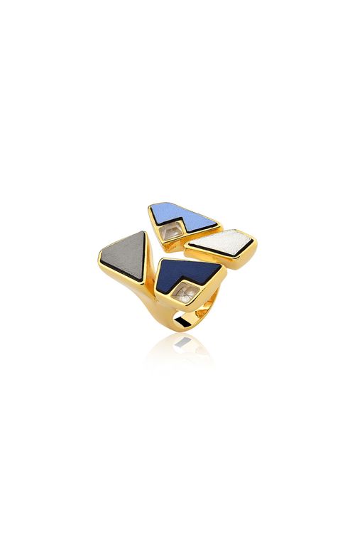 Anel Mosaico - Cristal Grafitado, Azul e Branco - Coleção Essential Banho: Folheado a Ouro