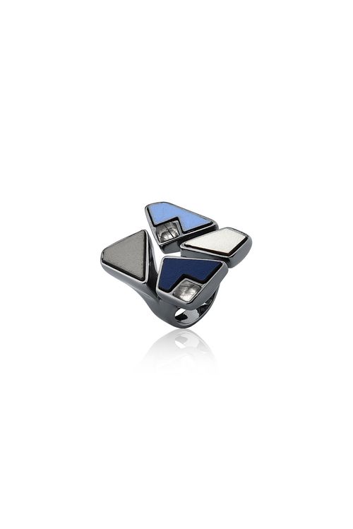 Anel Mosaico - Cristal Grafitado, Azul e Branco - Coleção Essential Banho: Ródio Negro