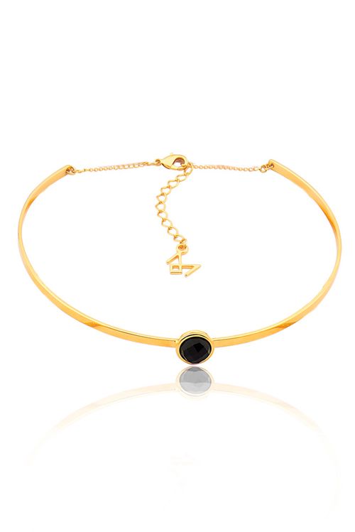 Colar Choker Princesa - Obsidiana Preta - Coleção Essential Banho: Folheado a Ouro