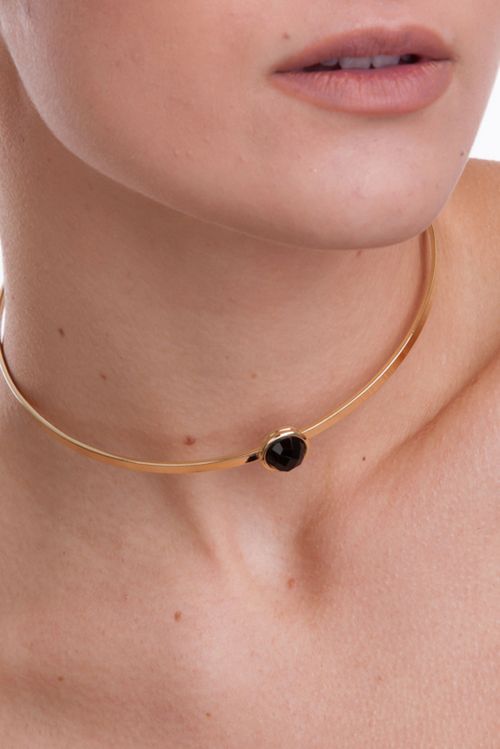Colar Choker Princesa - Obsidiana Preta - Coleção Essential Banho: Folheado a Ouro
