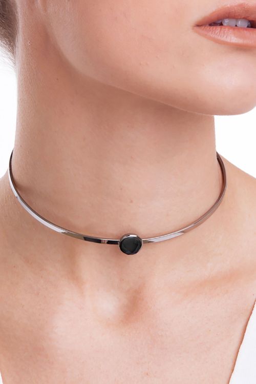 Colar Choker Princesa - Obsidiana Preta - Coleção Essential Banho: Ródio Negro