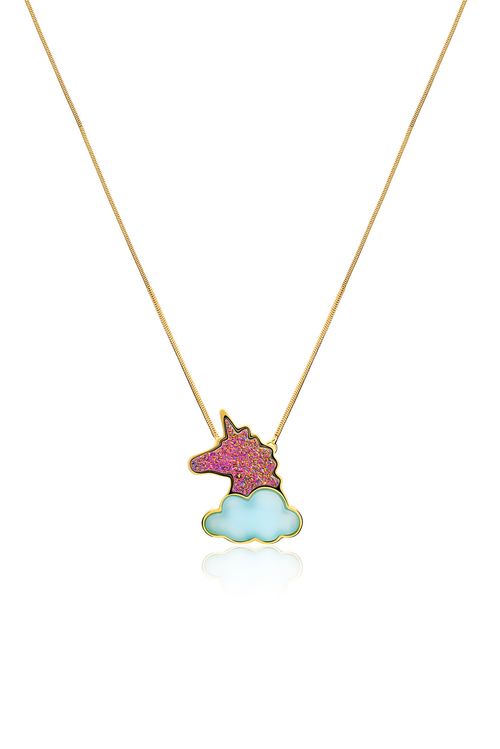 Colar Unicorn - Ágata Azul e Drusa Multicolorida - Coleção Lolinha Dream Banho: Folheado a Ouro