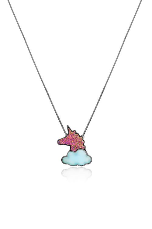 Colar Unicorn - Ágata Azul e Drusa Multicolorida - Coleção Lolinha Dream Banho: Ródio Negro