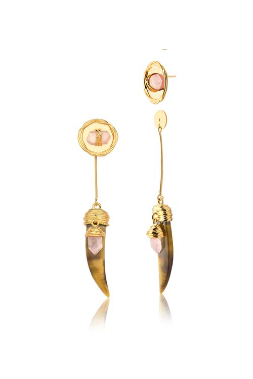 Brinco Selvagem - Olho de Tigre e Quartzo Rosa - Coleção Origens Banho: Folheado a Ouro