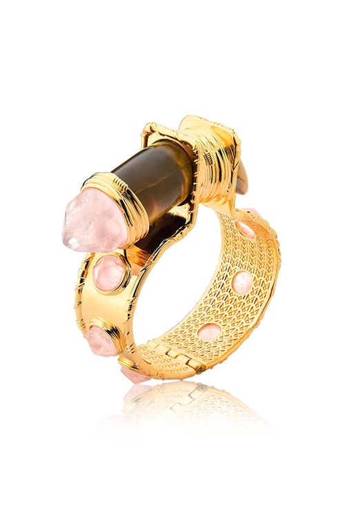 Pulseira Selvagem - Olho Tigre e Quartzo Rosa - Coleção Origens Banho: Folheado a Ouro