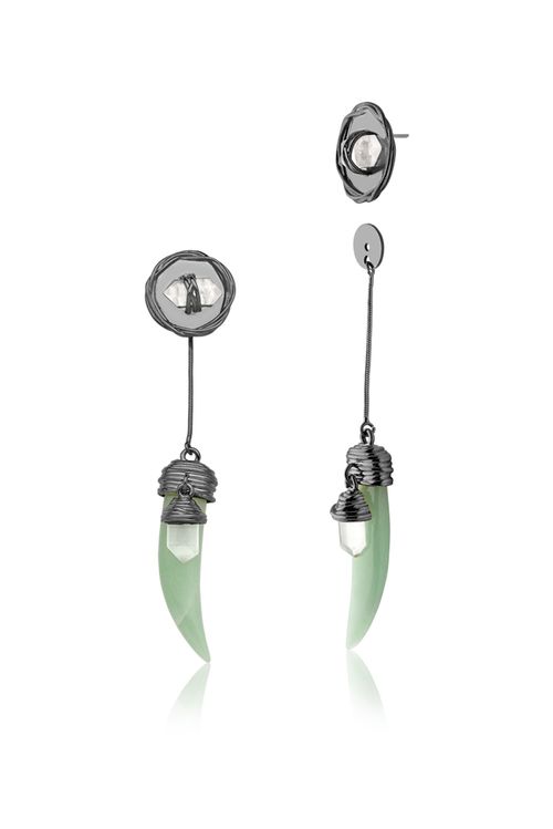 Brinco Selvagem - Quartzo Verde e Cristal - Coleção Origens Banho: Ródio Negro