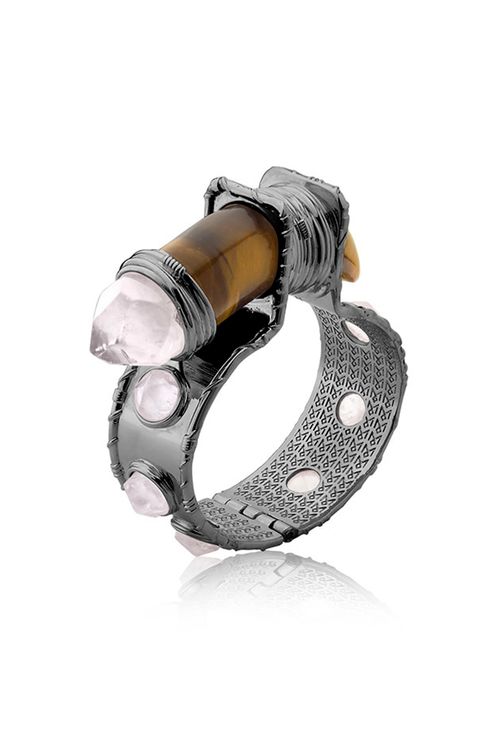 Pulseira Selvagem - Olho Tigre e Quartzo Rosa - Coleção Origens Banho: Ródio Negro