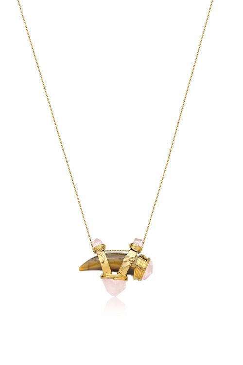 Colar Selvagem - Olho Tigre e Quartzo Rosa - Coleção Origens Banho: Folheado a Ouro