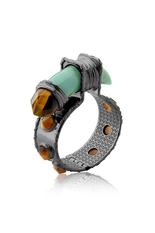 Pulseira Selvagem - Olho de Tigre e Quartzo Verde - Coleção Origens Banho: Ródio Negro