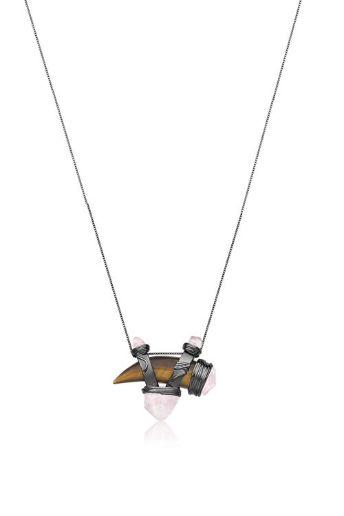 Colar Selvagem - Olho Tigre e Quartzo Rosa - Coleção Origens Banho: Ródio Negro
