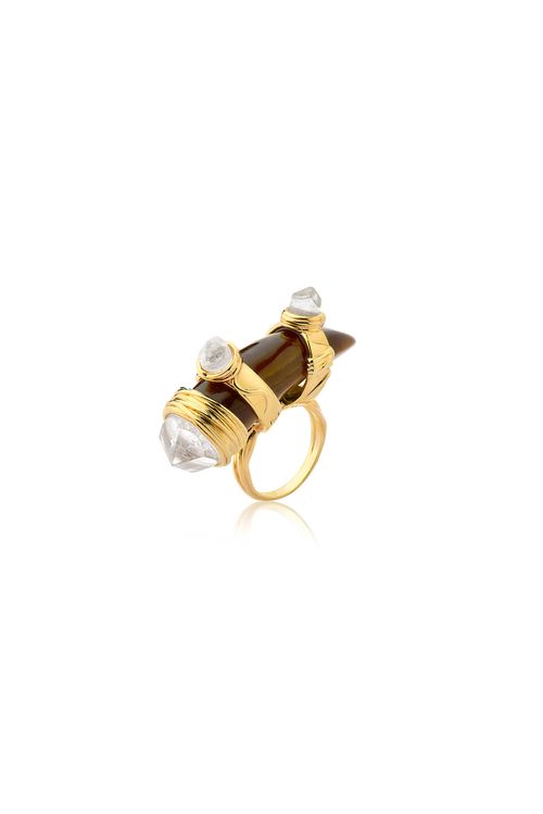 Anel Selvagem - Olho de Tigre e Cristal - Coleção Origens Banho: Folheado a Ouro