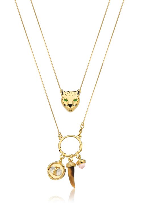 Colar Escapulário Fauna - Olho de Tigre, Cristal e Quartzo Rosa - Coleção Origens Banho: Folheado a Ouro