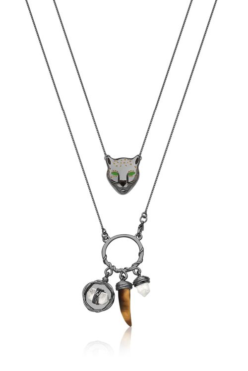 Colar Escapulário Fauna - Olho de Tigre, Cristal e Quartzo Rosa - Coleção Origens Banho: Ródio Negro