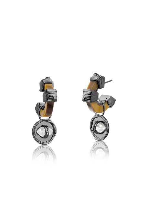 Brinco Argola Medalha - Olho de Tigre e Cristal - Coleção Origens Banho: Ródio Negro
