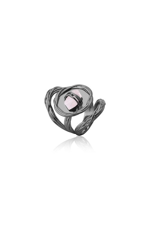Anel Medalha - Quartzo Rosa - Coleção Origens Banho: Ródio Negro