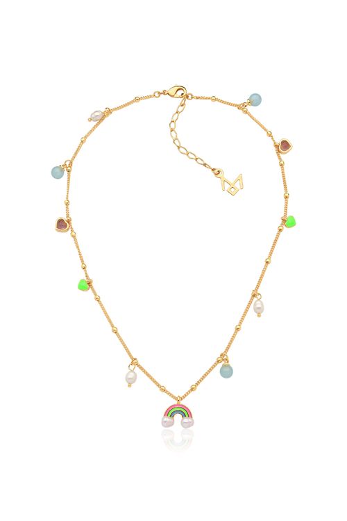 Colar Alegria - Ágata Azul, Ametista e Pérola - Coleção Lolinha Good Vibes Banho: Folheado a Ouro