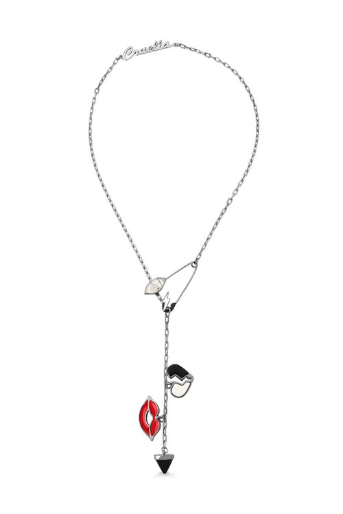Colar Cruella - Porcelana Branca, Obsidiana Preta, Cristal Grafitado e Esmalte Branco, Preto e Vermelho - Coleção Disney Banho: Ródio Negro