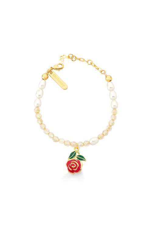 Pulseira Bela - Citrino, Esmalte Verde e Vermelho e Pérola Barroca - Coleção Disney Princesa Maria Dolores Banho: Folheado a Ouro