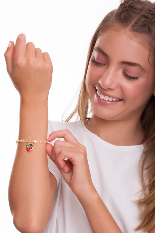 Pulseira Bela - Citrino, Esmalte Verde e Vermelho e Pérola Barroca - Coleção Disney Princesa Maria Dolores Banho: Folheado a Ouro