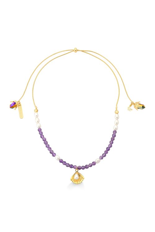 Colar Ariel - Ametista, Cristal Multicolorido e Pérola Barroca - Coleção Disney Princesa Maria Dolores Banho: Folheado a Ouro