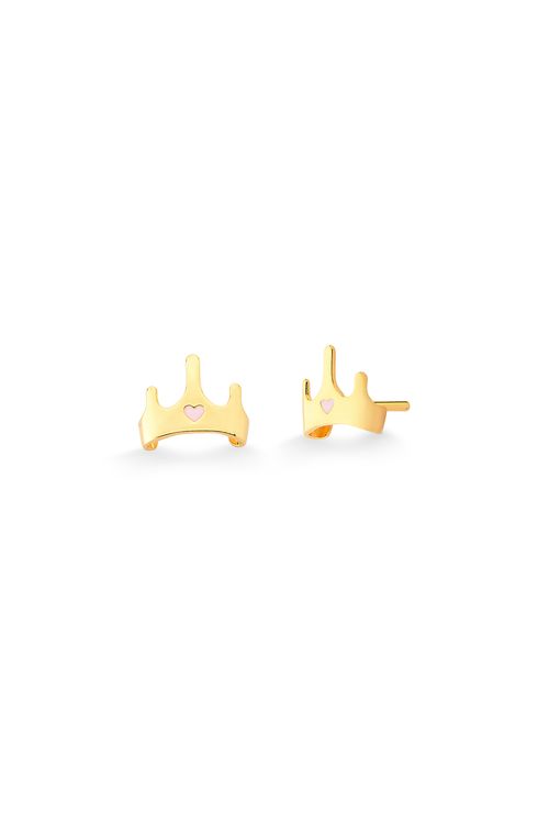 Brinco Coroa - Esmalte Rosa - Coleção Disney Princesa Maria Dolores Banho: Folheado a Ouro