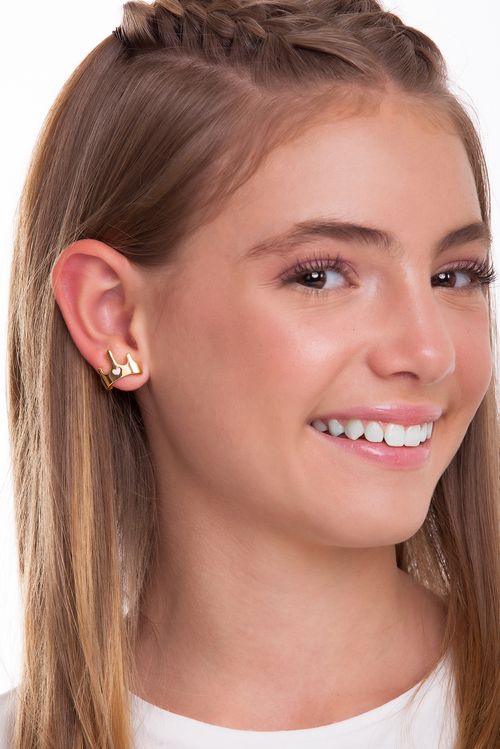 Brinco Coroa - Esmalte Rosa - Coleção Disney Princesa Maria Dolores Banho: Folheado a Ouro