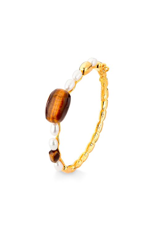 Pulseira Arroz de Festa - Pérola e Olho de Tigre - Coleção Viva Essa Festa Banho: Folheado a Ouro