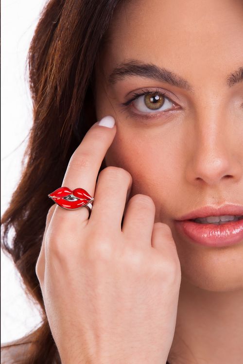 Anel Cruella Boca - Esmalte Branco, Preto e Vermelho - Coleção Disney Cruella Banho: Ródio Negro