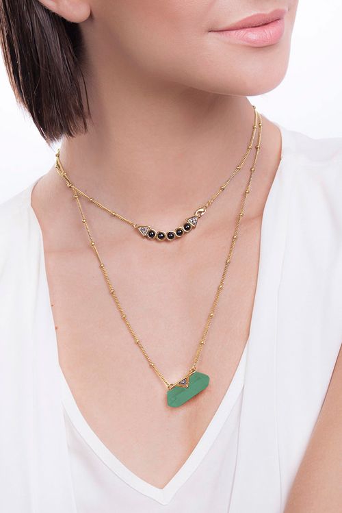 Colar Santa Clara - Ágata Verde, Obsidiana Preta e Drusa Metalizada - Coleção Califórnia Dreamin Banho: Folheado a Ouro