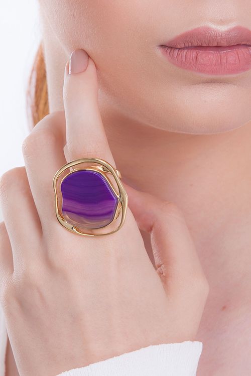 Anel Soleil - Ágata Roxa - Coleção Acquarella Banho: Folheado a Ouro