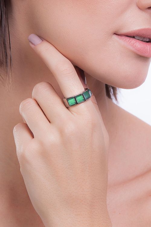 Anel Stone - Ágata Verde - Coleção Krypton Banho: Ródio Negro