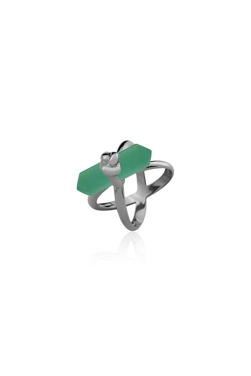 Anel Knot - Ágata Verde - Coleção In Love Banho: Ródio Negro