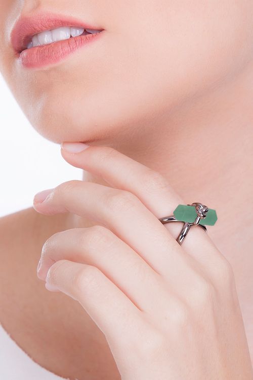 Anel Knot - Ágata Verde - Coleção In Love Banho: Ródio Negro