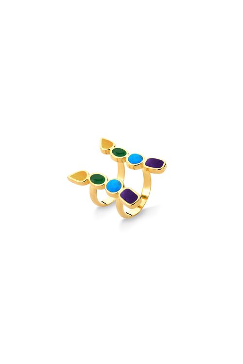 Anel Brise 2 - Ágata Verde, Haulita Roxa e Turquesa e Quartzo Amarelo - Coleção Acquarella Banho: Folheado a Ouro