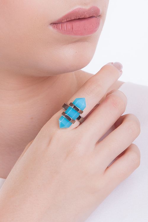 Anel Pierre - Ágata Azul - Coleção Acquarella Banho: Ródio Negro