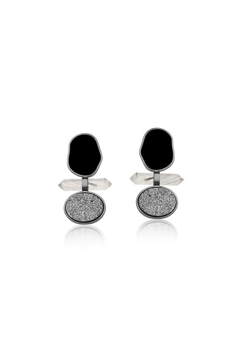 Brinco Petit Beauté - Ônix, Cristal Grafitado e Drusa Metalizada - Coleção Acquarella Banho: Ródio Negro