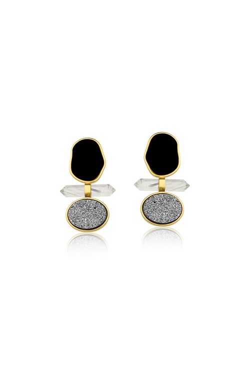 Brinco Petit Beauté - Obsidiana Preta, Cristal Grafitado e Drusa Metalizada - Coleção Acquarella Banho: Folheado a Ouro