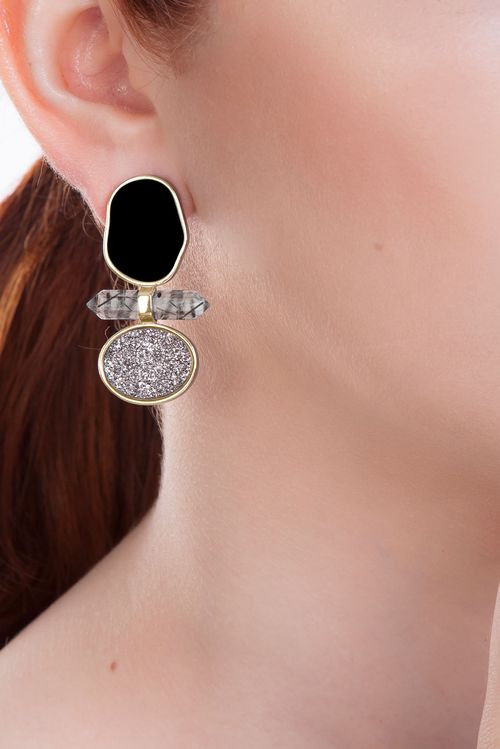 Brinco Petit Beauté - Obsidiana Preta, Cristal Grafitado e Drusa Metalizada - Coleção Acquarella Banho: Folheado a Ouro