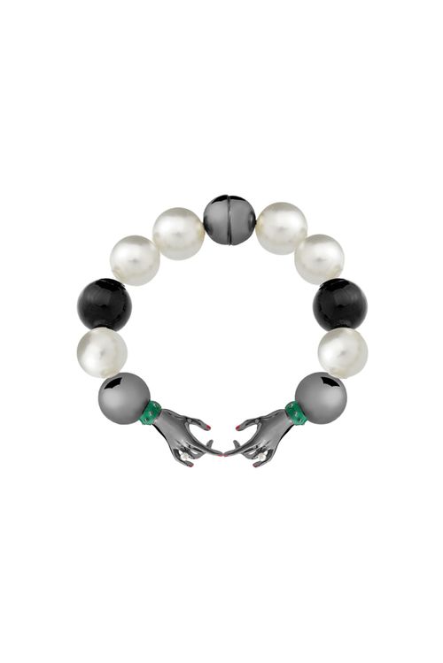 Pulseira Jeanne P - Ônix, Pérola e Verde - Coleção Mademoiselle Banho: Ródio Negro