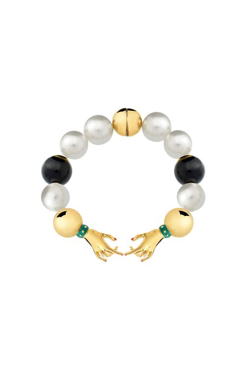 Pulseira Jeanne P - Ônix, Pérola e Verde - Coleção Mademoiselle Banho: Folheado a Ouro