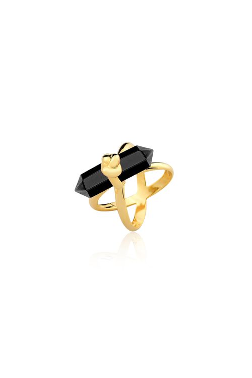 Anel Knot - Obsidiana Preta - Coleção In Love Banho: Folheado a Ouro