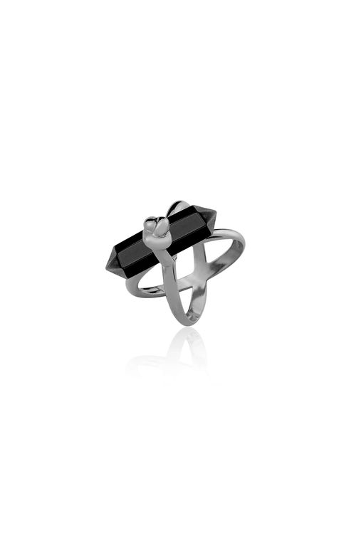 Anel Knot - Obsidiana Preta - Coleção In Love Banho: Ródio Negro